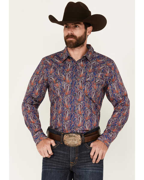 Image #1 - Cody James Men's Jefferson Paisley Print Long Sleeve Snap Western Shirt - Big, Navy, hi-res