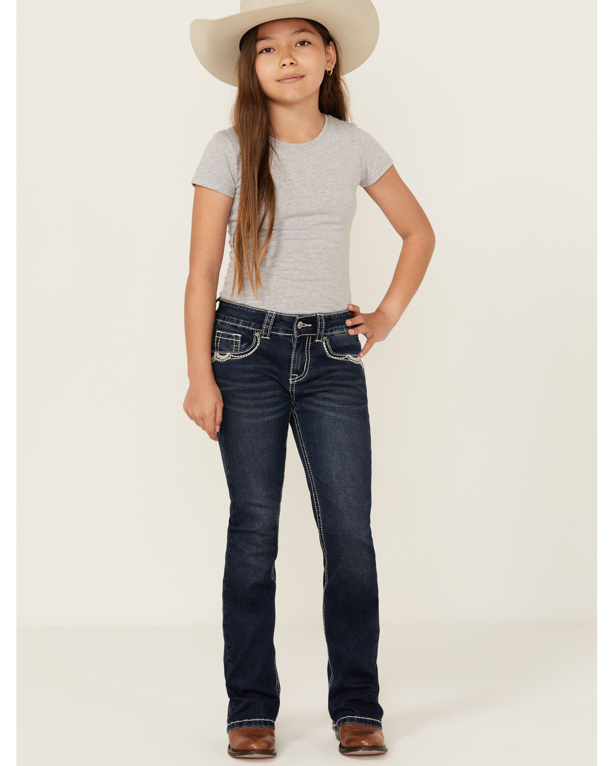 Image #1 - Shyanne Girls' Dark Wash Lace Pockets Bootcut Stretch Denim Jeans, Dark Wash, hi-res
