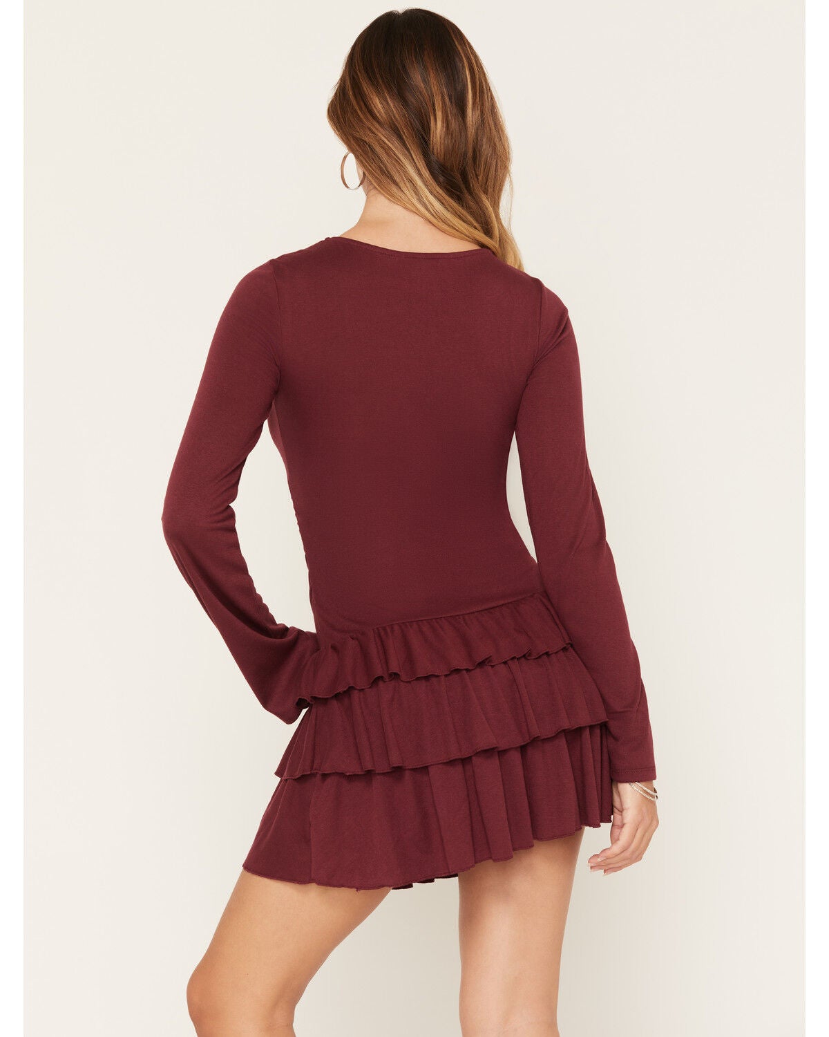 Image #4 - Cleo + Wolf Women's Drop Waist Tiered Knit Mini Dress, Wine, hi-res