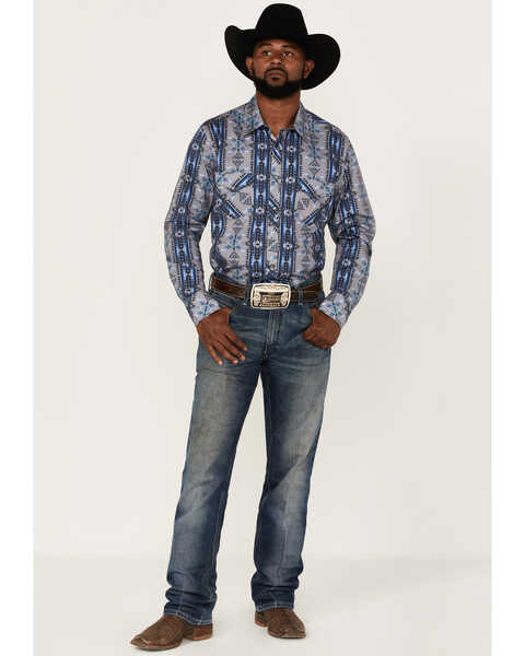 Rock & Roll Denim Men's Vertical Southwestern Stripe Long Sleeve Snap Western Shirt , Blue, hi-res