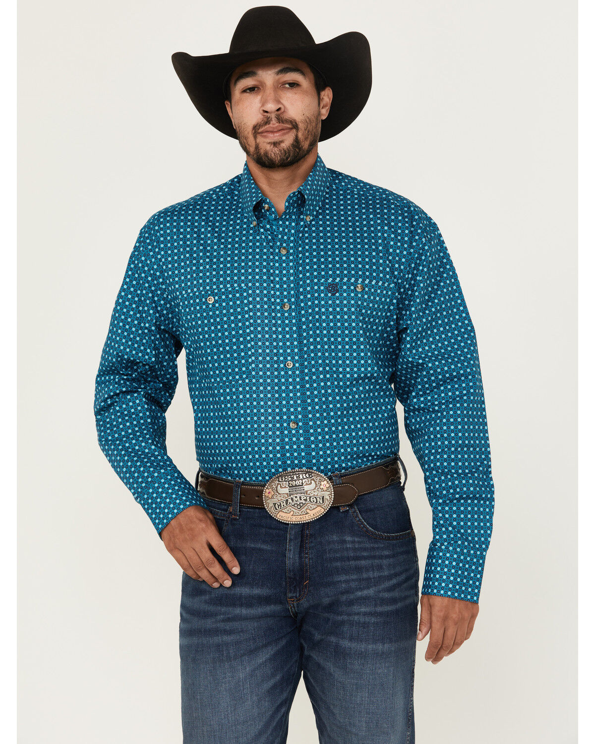 Image #1 - George Strait by Wrangler Men's Geo Print Long Sleeve Button-Down Stretch Western Shirt, Teal, hi-res