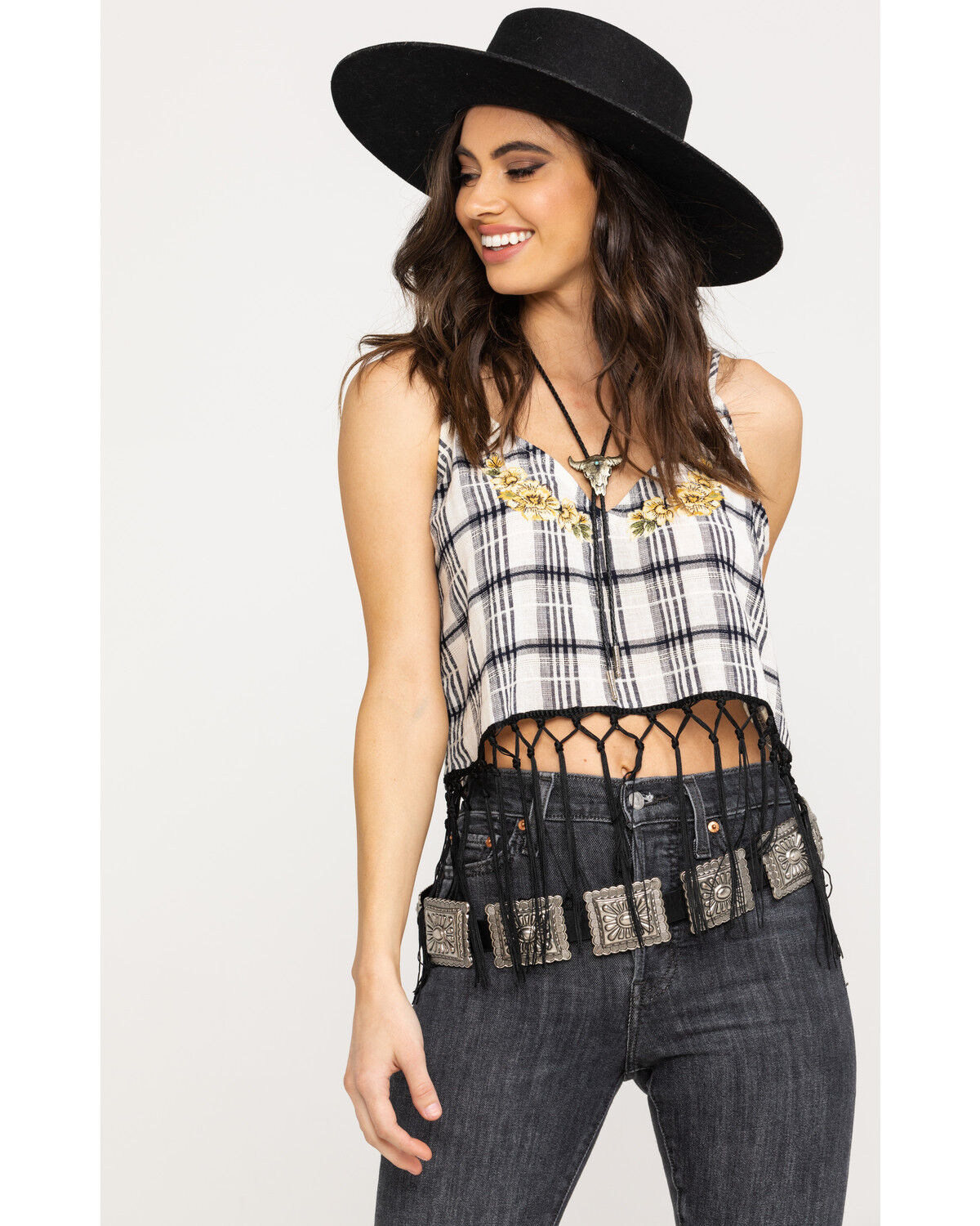 Image #5 - Shyanne Women's Plaid Embroidered Floral Fringe Crop Top, , hi-res