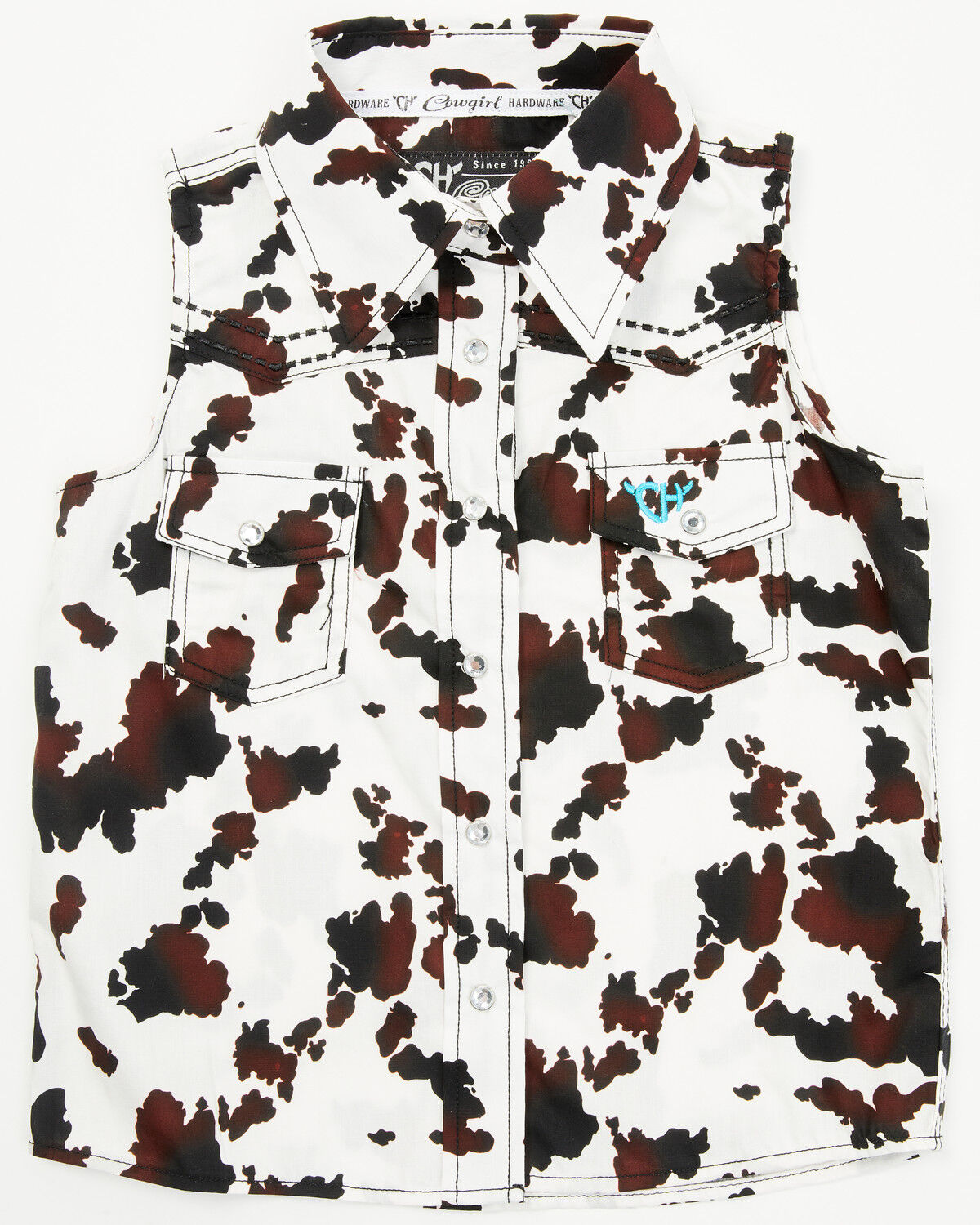 Image #1 - Cowgirl Hardware Toddler Girls' Cow Print Sleeveless Snap Western Shirt, White, hi-res