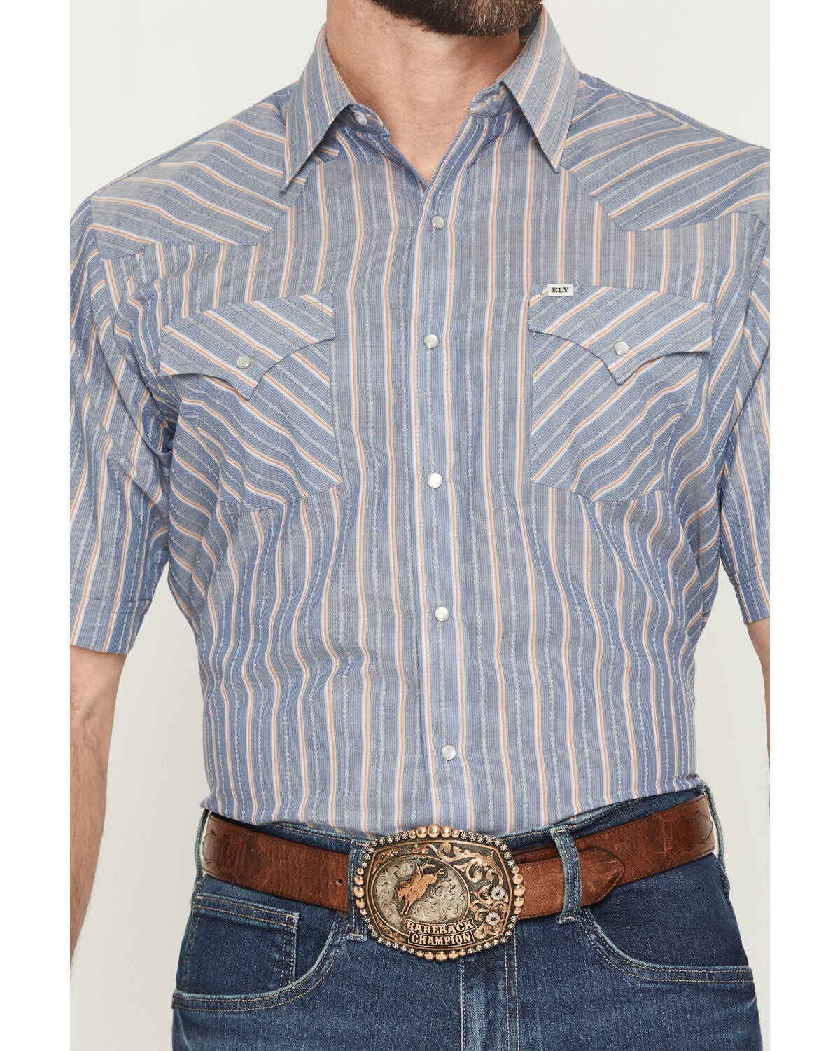 Image #3 - Ely Walker Men's Barbed Wire Striped Short Sleeve Pearl Snap Western Shirt, Blue, hi-res