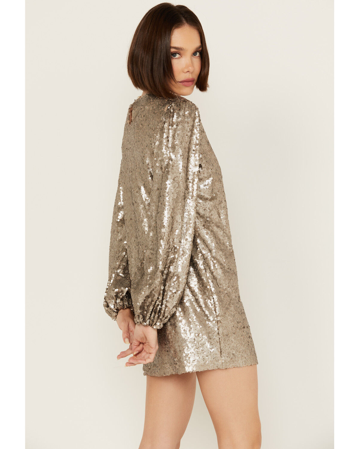 Image #3 - Rock & Roll Denim Women's Sequin Puff Long Sleeve Mini Dress, Gold, hi-res