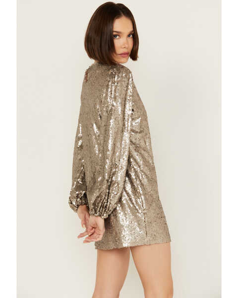 Image #3 - Rock & Roll Denim Women's Sequin Puff Long Sleeve Mini Dress, Gold, hi-res