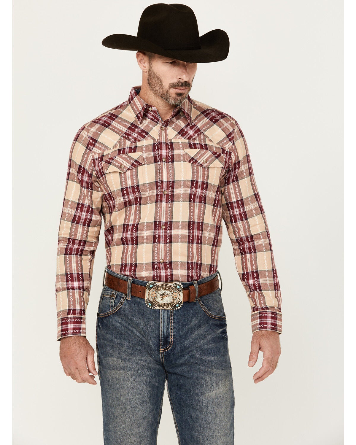 Moonshine Spirit&reg; Men's Memory Plaid Print Long Sleeve Snap Western Shirt, Cream, hi-res