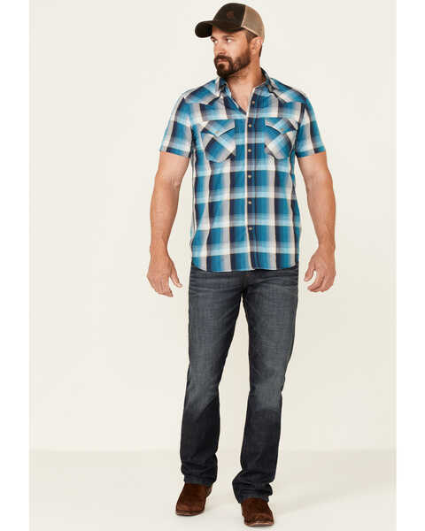 Pendleton Men's Turquoise Frontier Small Plaid Short Sleeve Snap Western Shirt , Turquoise, hi-res