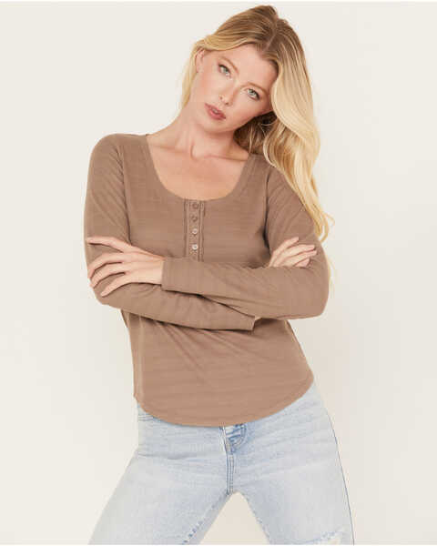 Image #1 - Cleo + Wolf Women's Long Sleeve Henley Top, Taupe, hi-res