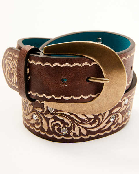 Catchfly Women's Embroidered Crystal Accent Western Belt, Brown, hi-res