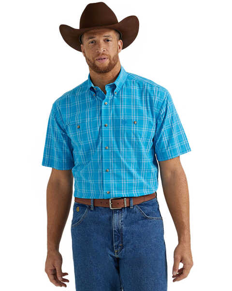 George Strait by Wrangler Men's Plaid Print Short Sleeve Button-Down Stretch Western Shirt - Tall , Bright Blue, hi-res