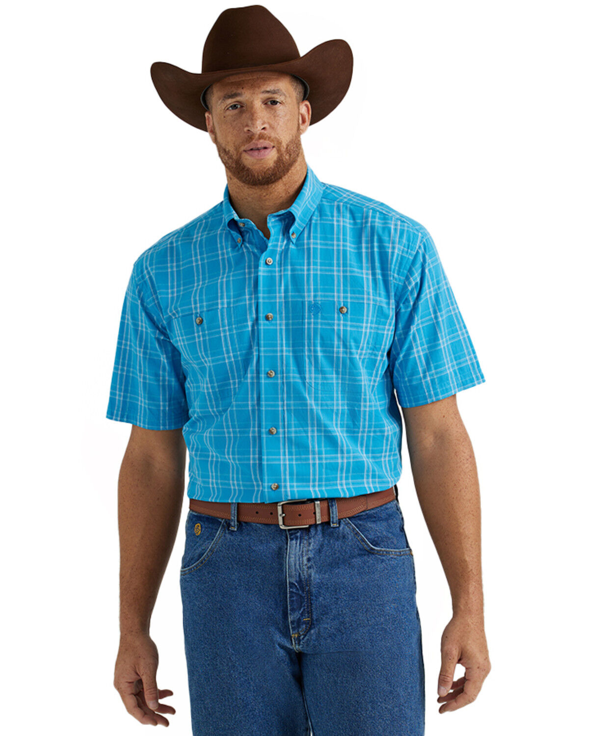 Image #1 - George Strait by Wrangler Men's Plaid Print Short Sleeve Button-Down Stretch Western Shirt - Tall, Bright Blue, hi-res