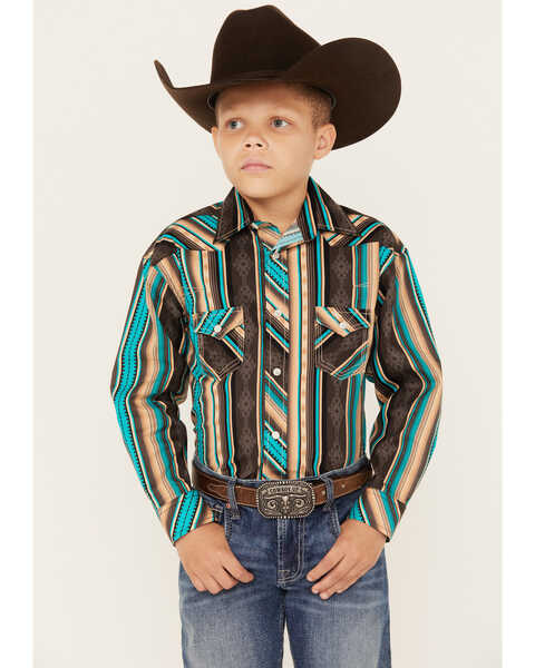 Image #1 - Rock & Roll Denim Boys' Southwestern Stripe Print Long Sleeve Snap Stretch Western Shirt, Chocolate, hi-res