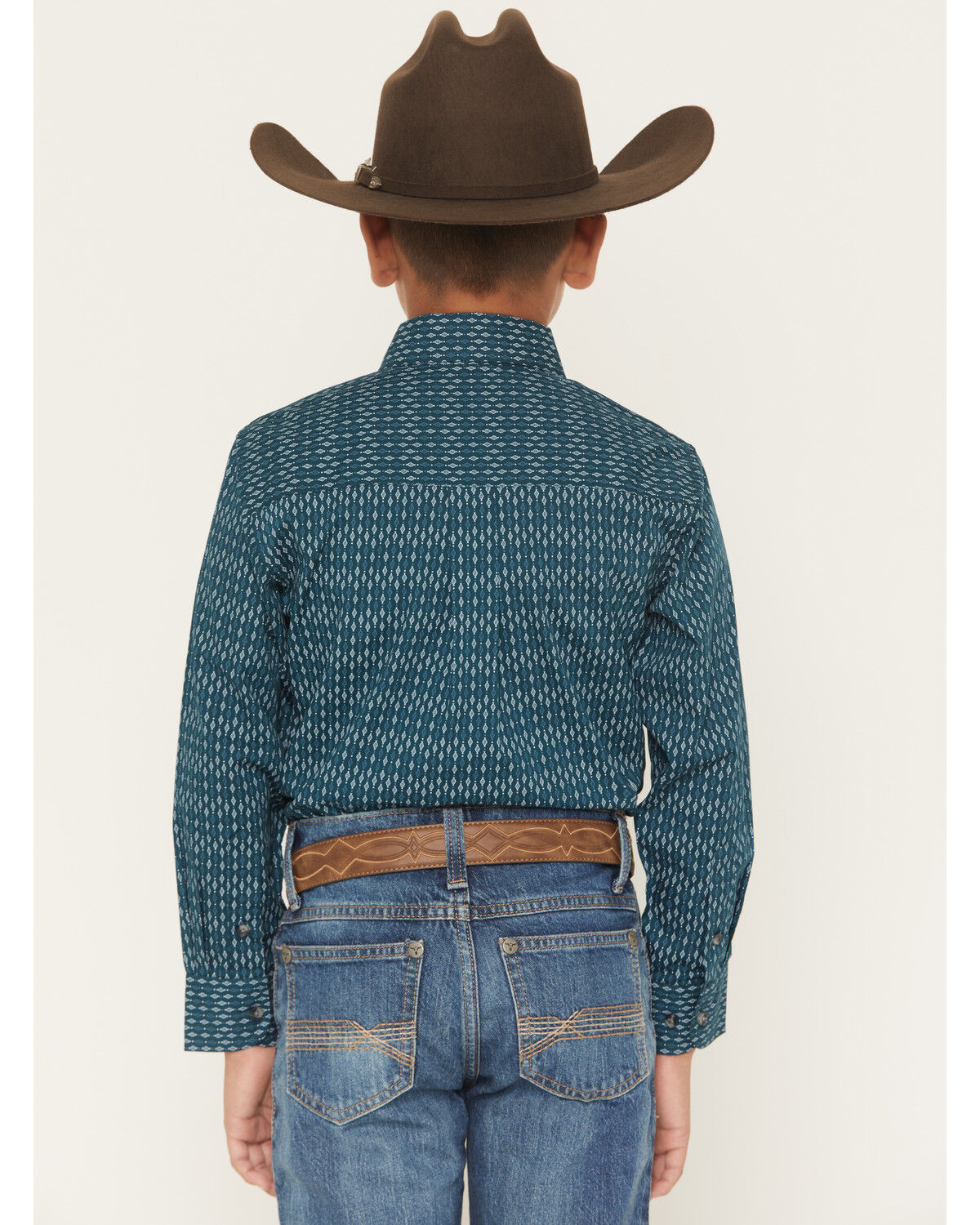Image #4 - Wrangler Boys' Geo Print Long Sleeve Button-Down Western Shirt, Teal, hi-res