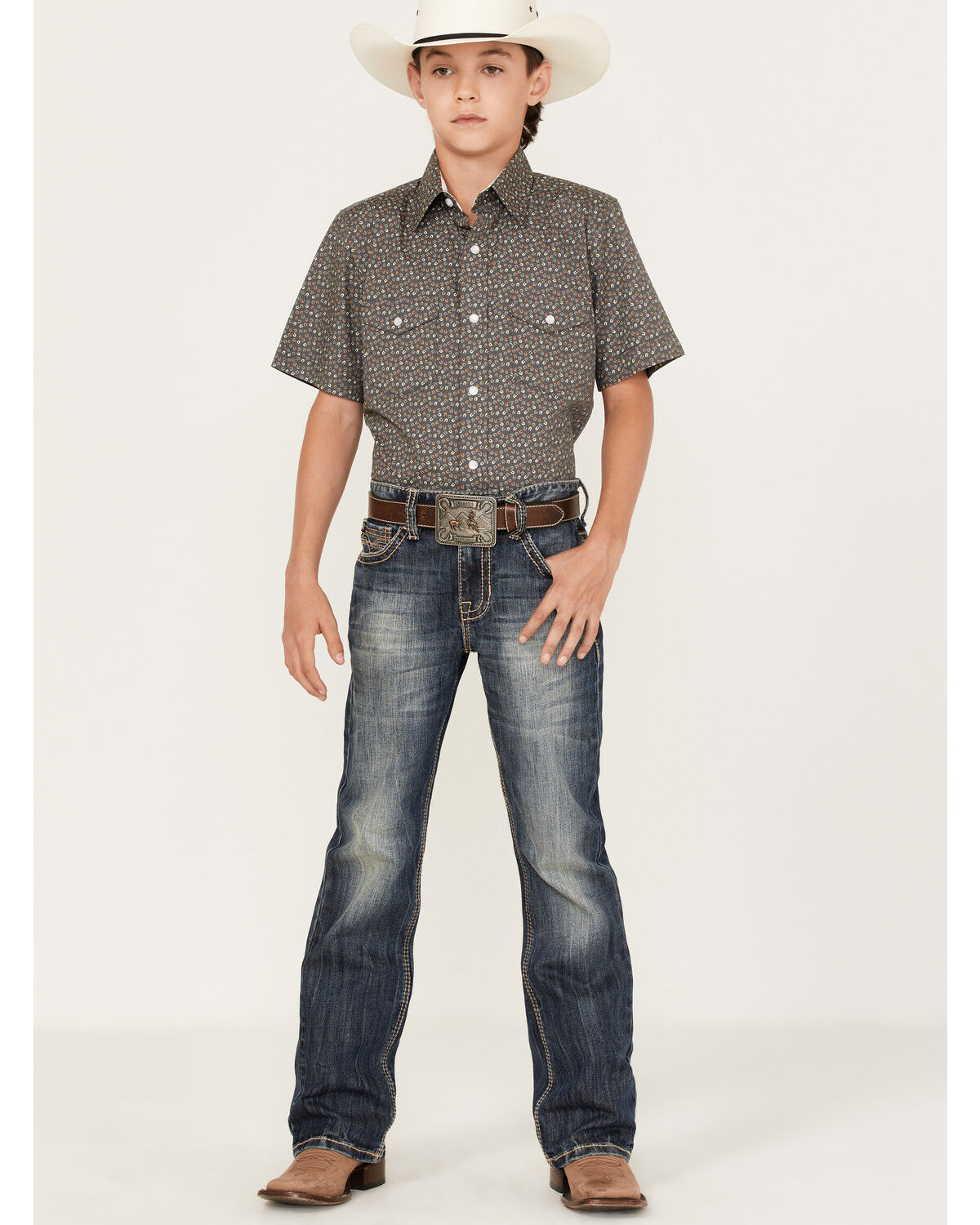 Image #2 - Panhandle Boys' Horseshoe Print Short Sleeve Western Pearl Snap Shirt, Yellow, hi-res