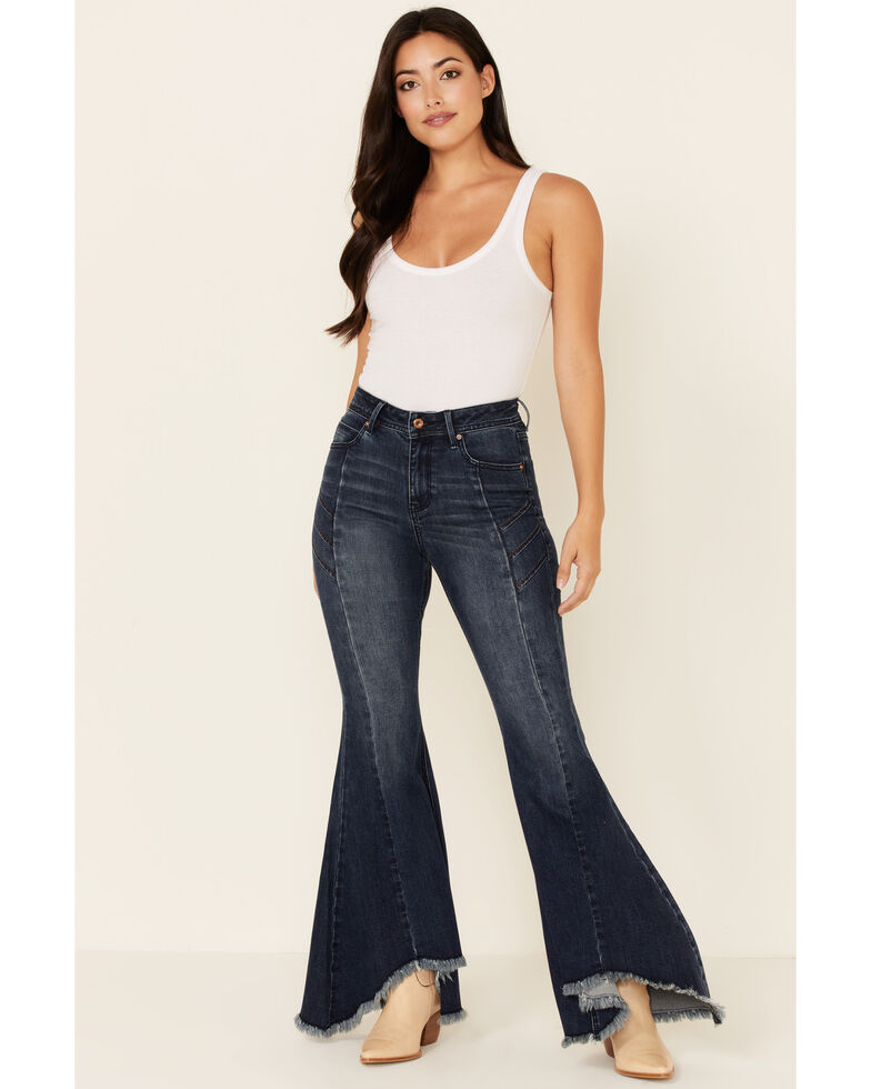 Grace in LA Women's Pleated Super Flare Leg Jeans, Medium Blue, hi-res