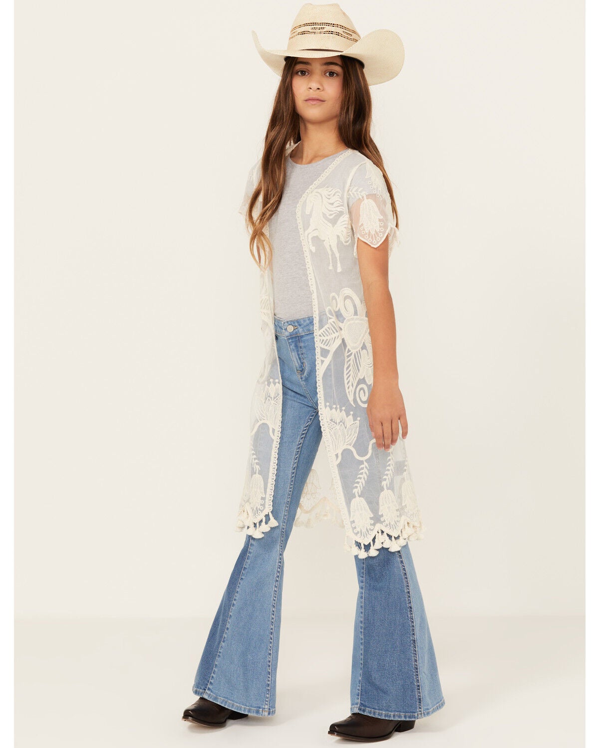 Shyanne Girls' Yee Haw Embroidered Lace Kimono, Cream, hi-res