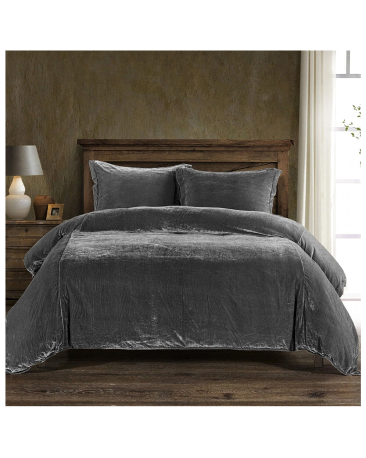 Image #1 - HiEnd Accents Slate Stella Faux Silk & Velvet Super King 3-Piece Duvet Cover Set, Slate, hi-res