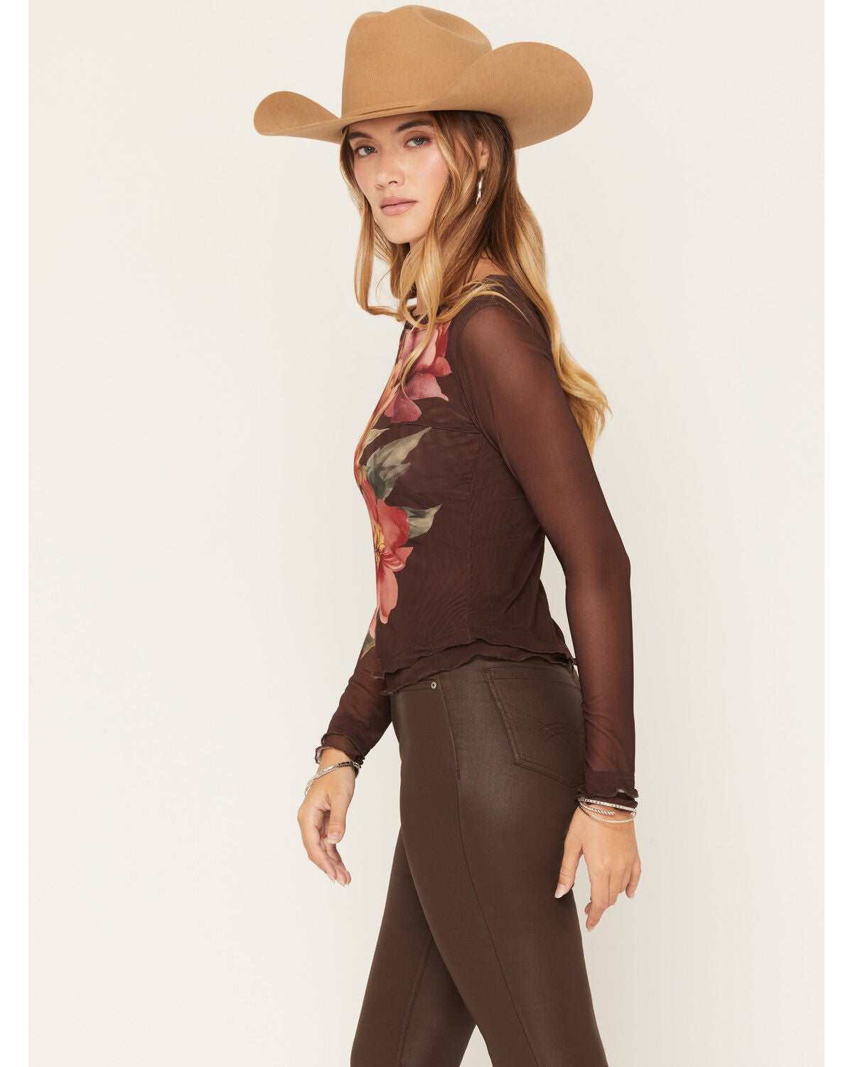 Image #2 - Wild Moss Women's Floral Print Long Sleeve Mesh Top, Brown, hi-res