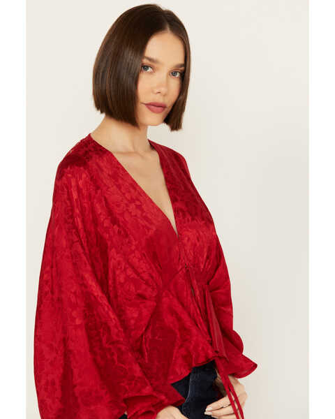 Image #2 - Band of the Free Women's Nahara Long Sleeve Self Tie Top , Red, hi-res