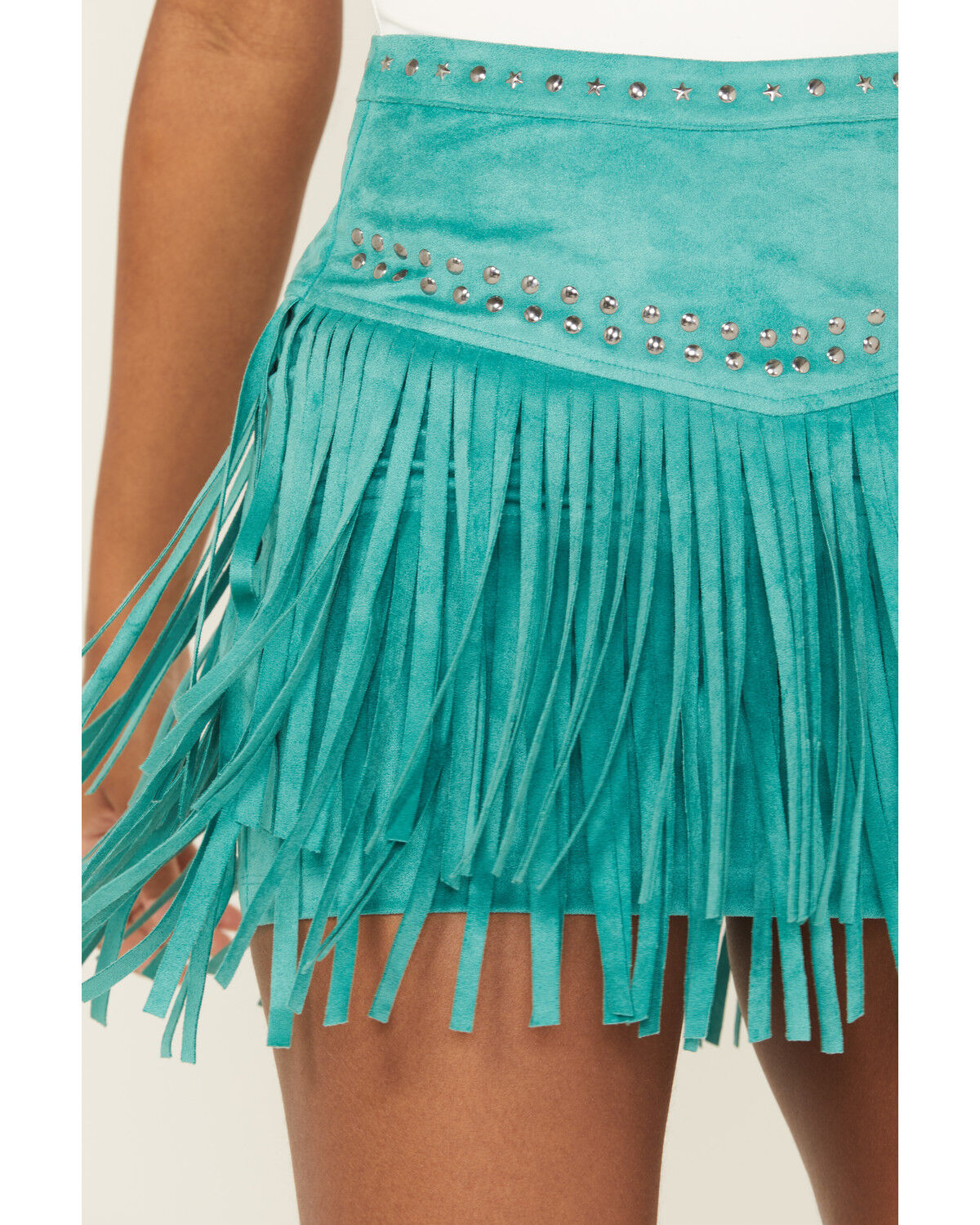 Image #2 - Rock & Roll Denim Women's Fringe Studded Faux Suede Mini Skirt, Teal, hi-res