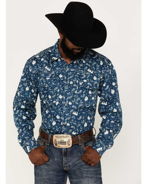 Image #1 - Cowboy Hardware Men's Paisley Print Long Sleeve Pearl Snap Western Shirt, Blue, hi-res