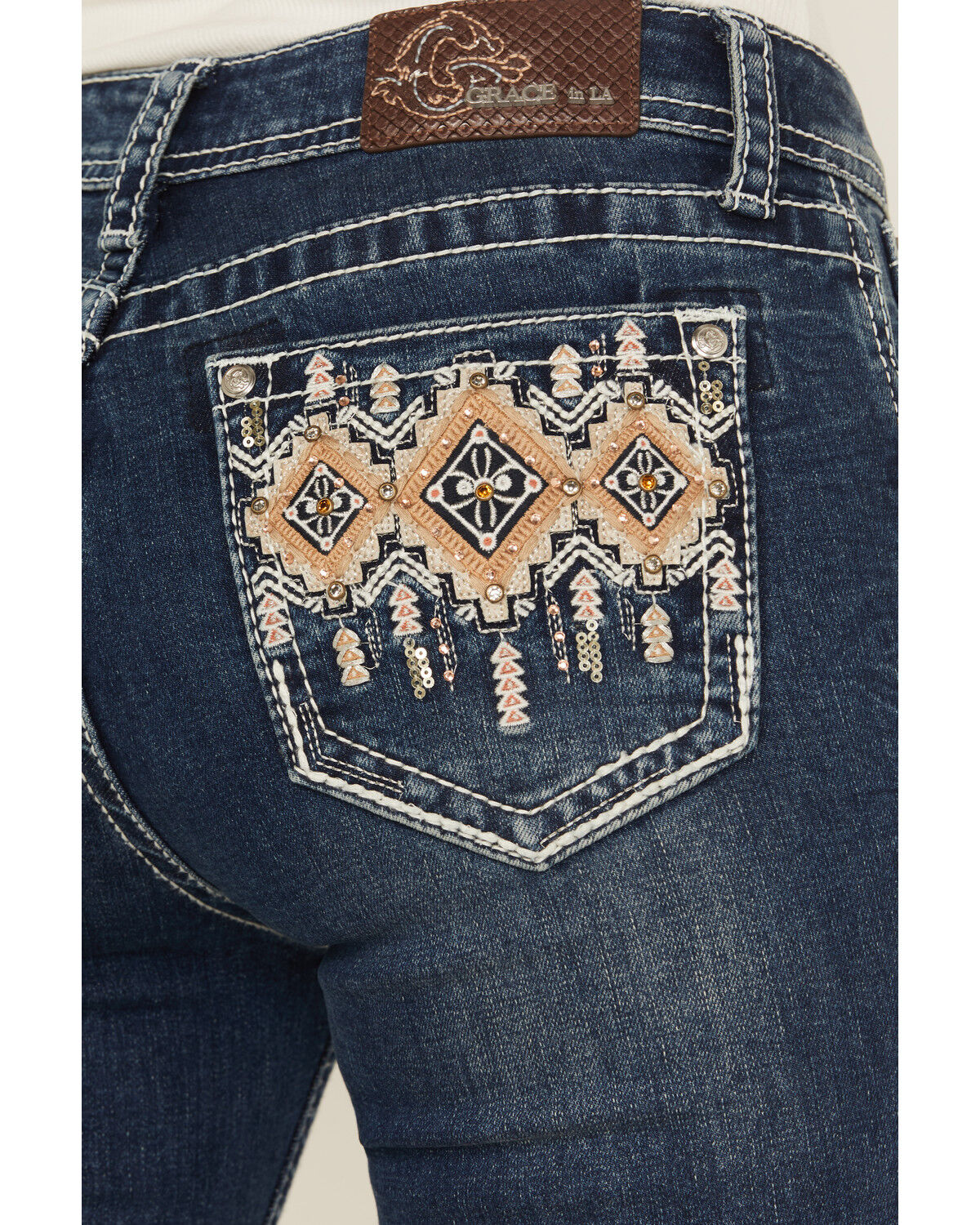 Image #2 - Grace in LA Women's Medium Wash Diamond Embroidered Mid Rise Bootcut Stretch Denim Jeans, Medium Wash, hi-res