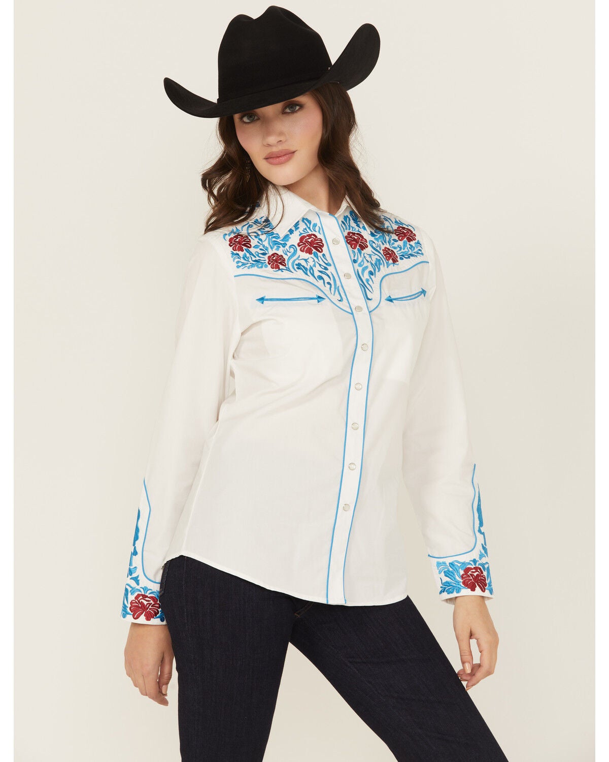 Rodeo Clothing Women's Floral Embroidered Long Sleeve Snap Stretch Western Shirt, White, hi-res