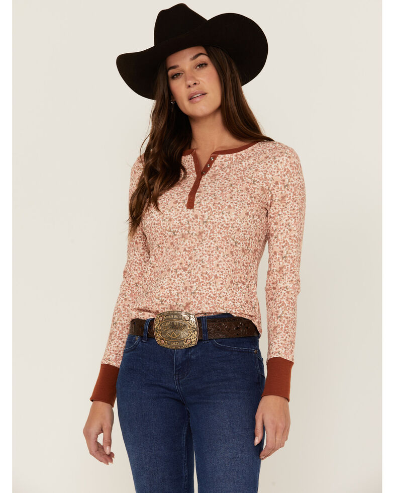 Rank 45 Women's Floral Thermal Henley Top, Rust Copper, hi-res