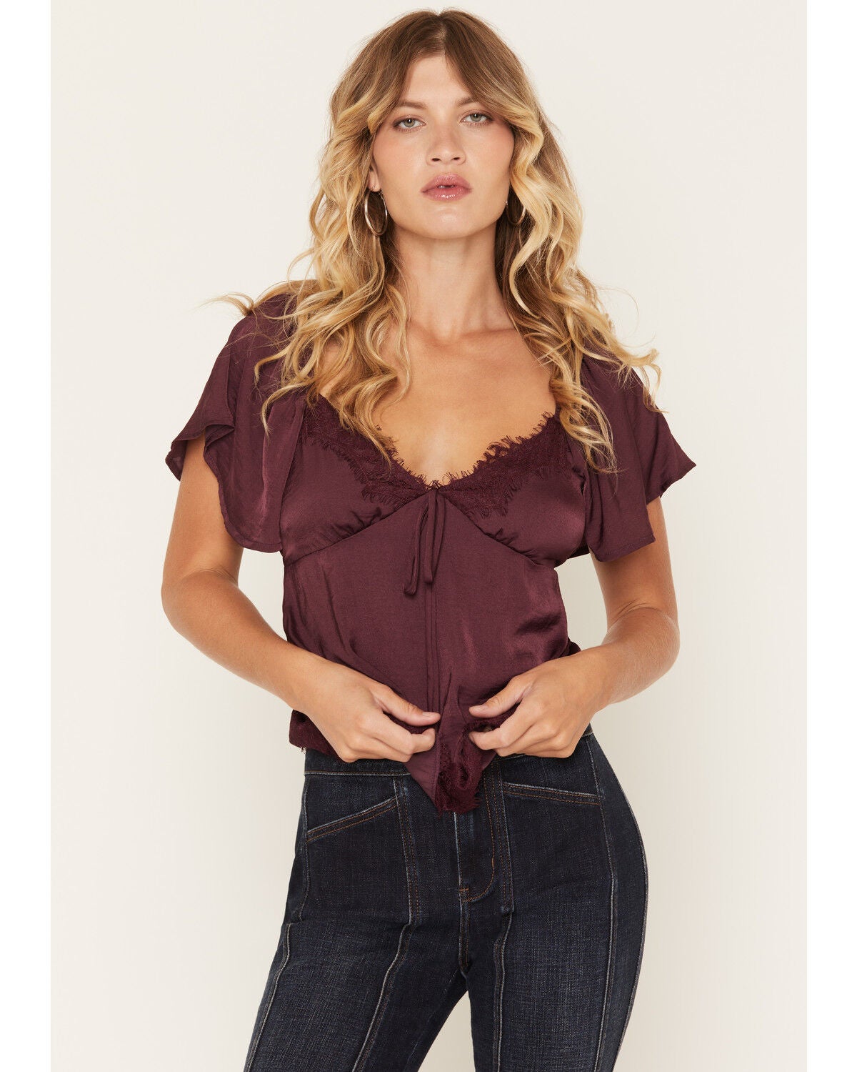 Image #1 - Wild Moss Women's Short Sleeve Lace Trim Top, Purple, hi-res