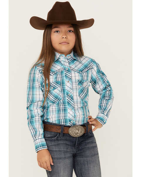 Cowgirl Hardware Girls' Hermosillo Plaid Print Long Sleeve Snap Western Shirt, Turquoise, hi-res