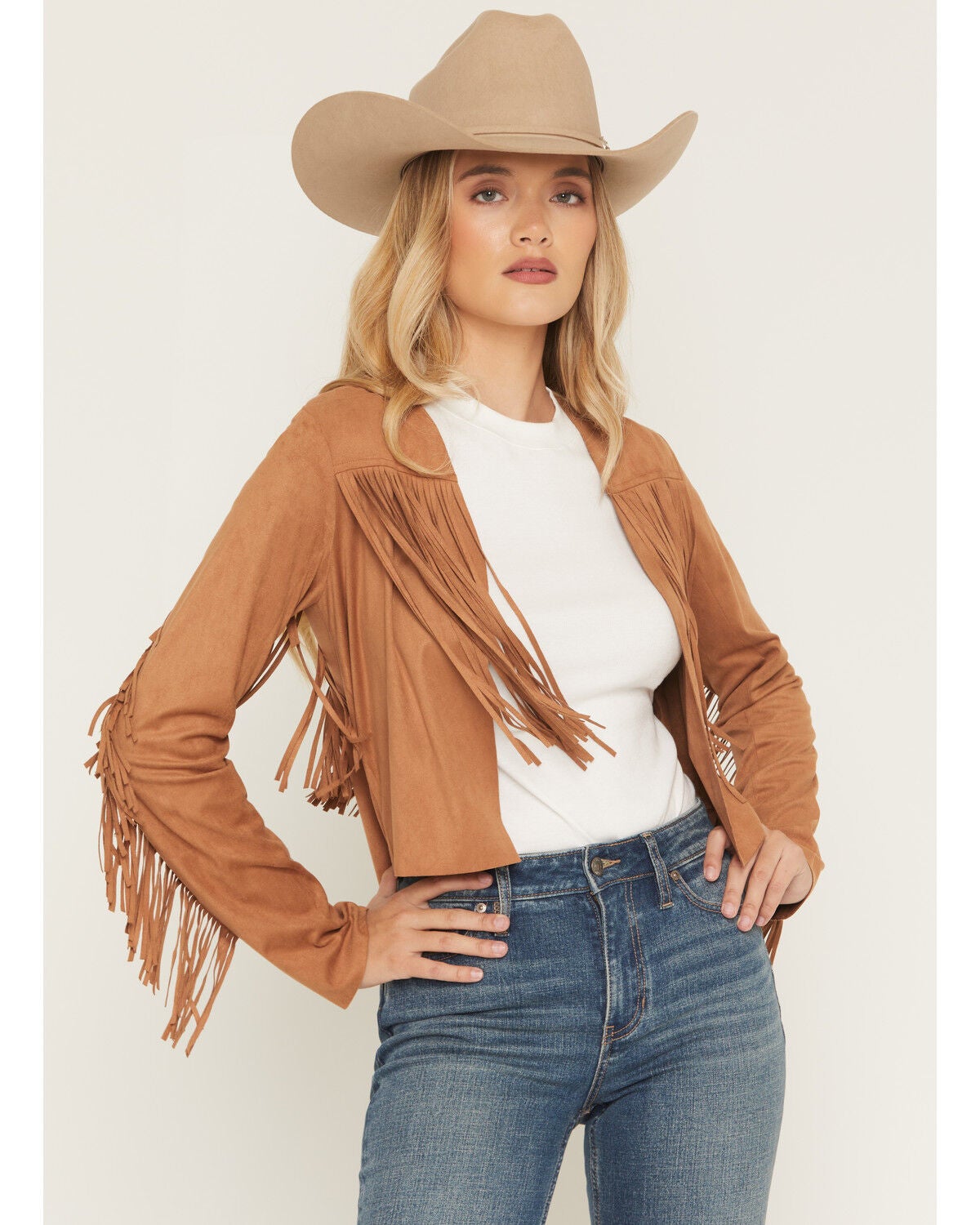 Shyanne Women's Deleon Faux Suede Cropped Fringe Jacket, Tan, hi-res