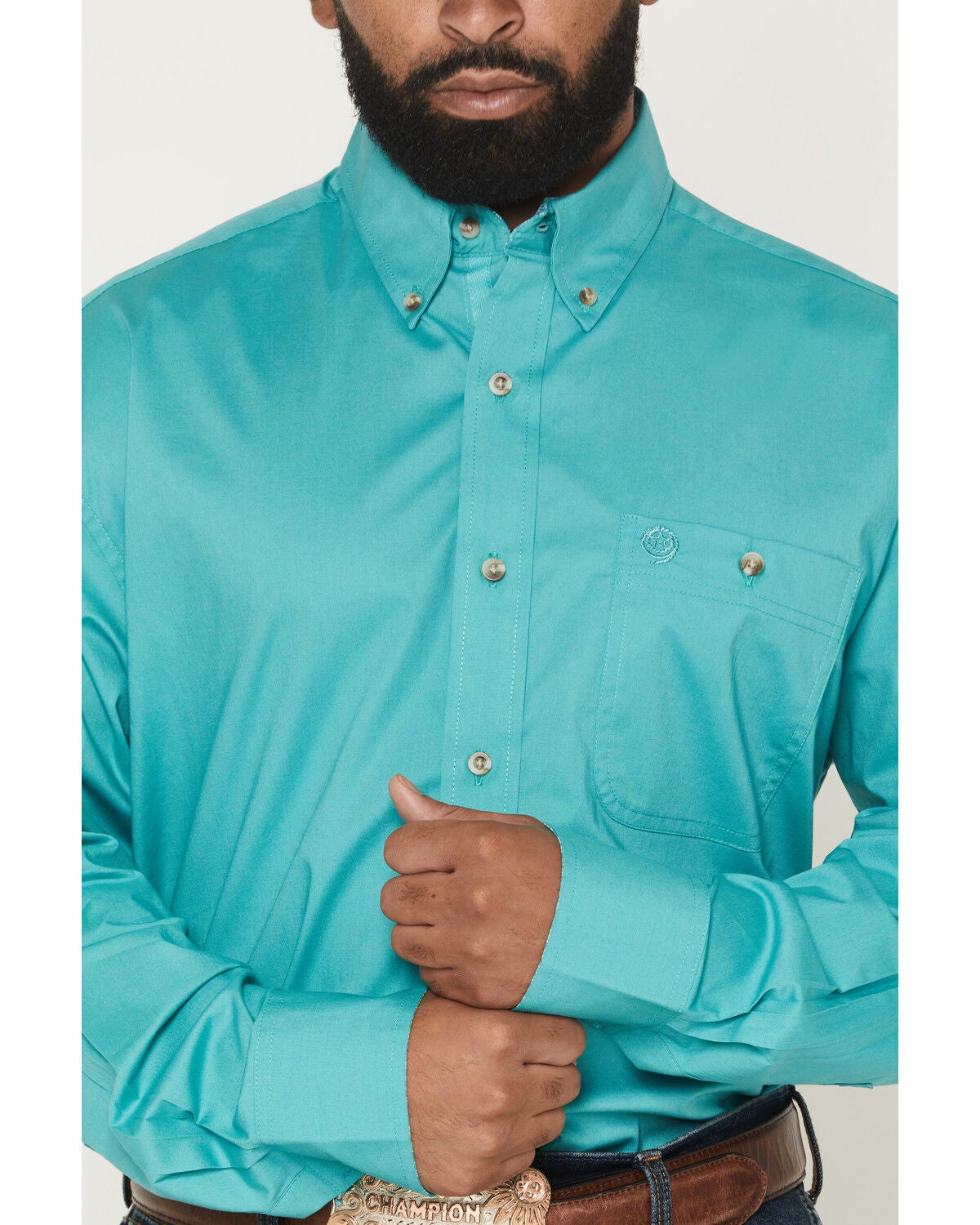 Image #3 - George Strait by Wrangler Men's Solid Long Sleeve Button-Down Stretch Western Shirt, Teal, hi-res