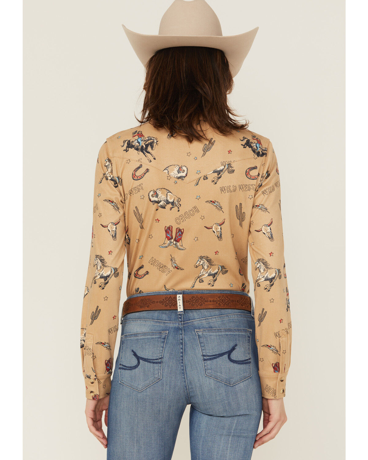 Image #4 - Shyanne Women's Conversational Western Print Faux Suede Long Sleeve Button-Down Western Shirt, Khaki, hi-res