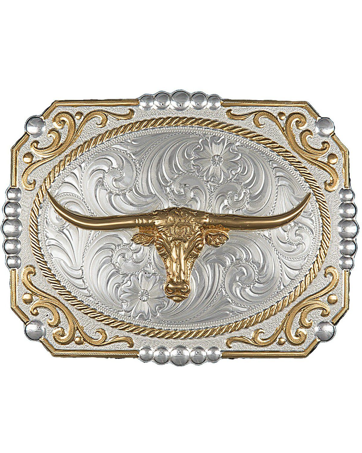 Image #1 - Montana Silversmiths Men's Two-Tone Cowboy Cameo with Longhorn Buckle, Silver, hi-res