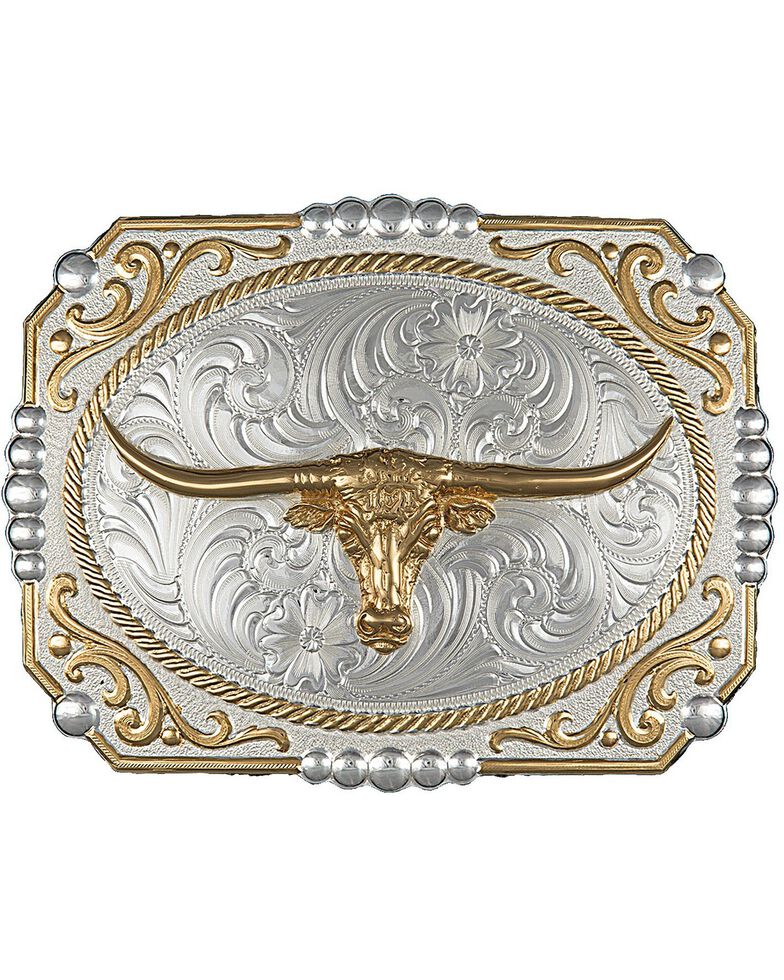 Montana Silversmiths Two-Tone Cowboy Cameo with Longhorn Buckle, Silver, hi-res