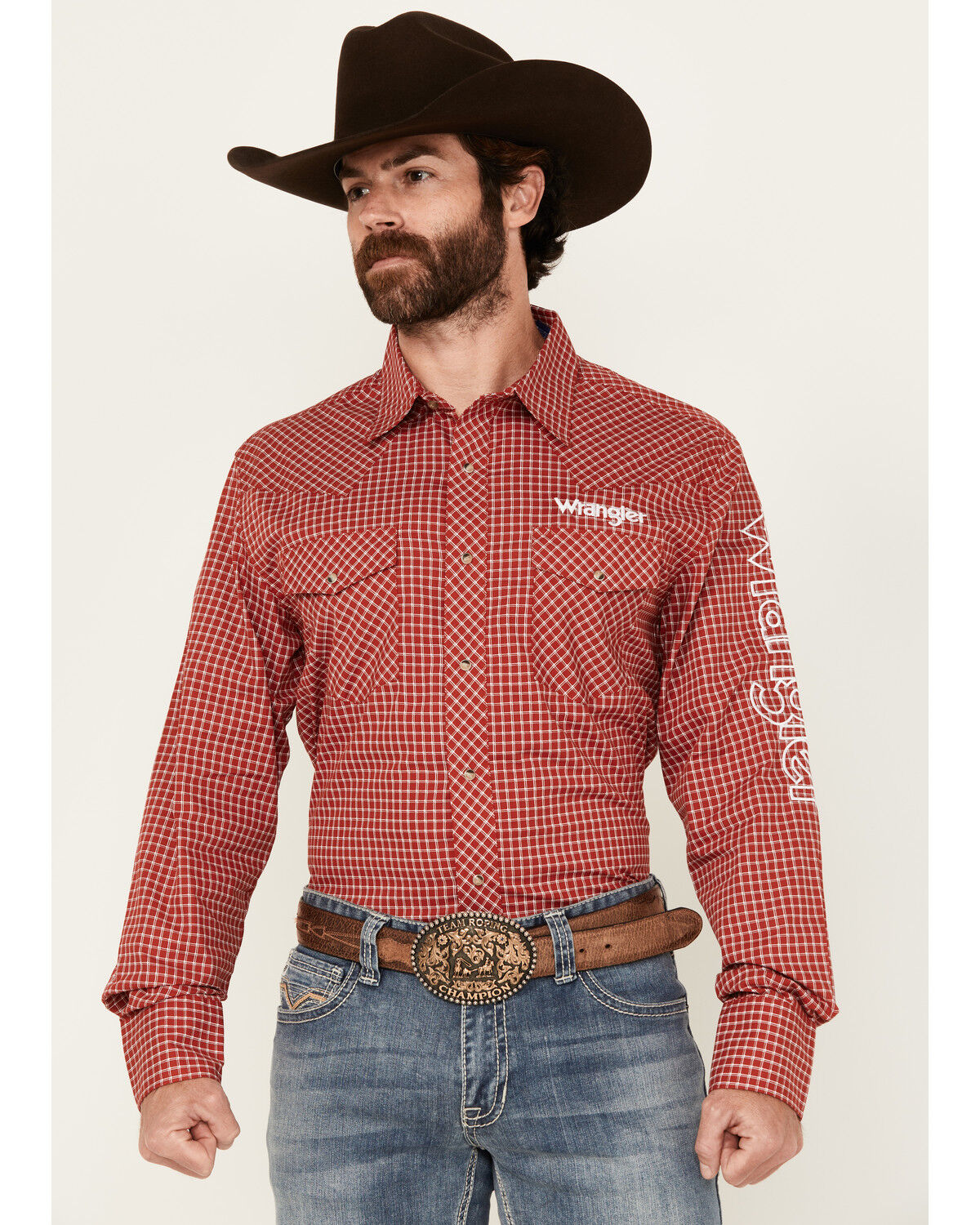 Image #1 - Wrangler Men's Logo Checkered Print Long Sleeve Snap Western Shirt, Red, hi-res