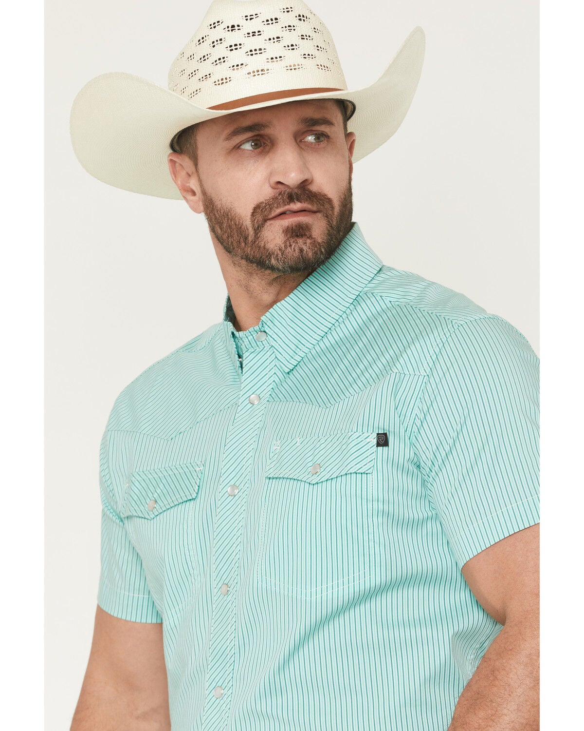 Image #2 - Rock & Roll Denim Men's TEK Core Striped Short Sleeve Pearl Snap Stretch Western Shirt, Turquoise, hi-res