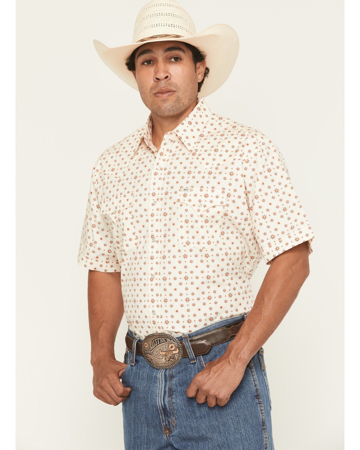 Ely Walker Men's Boot Barn Exclusive Geo Print Short Sleeve Snap Western Shirt, Cream, hi-res