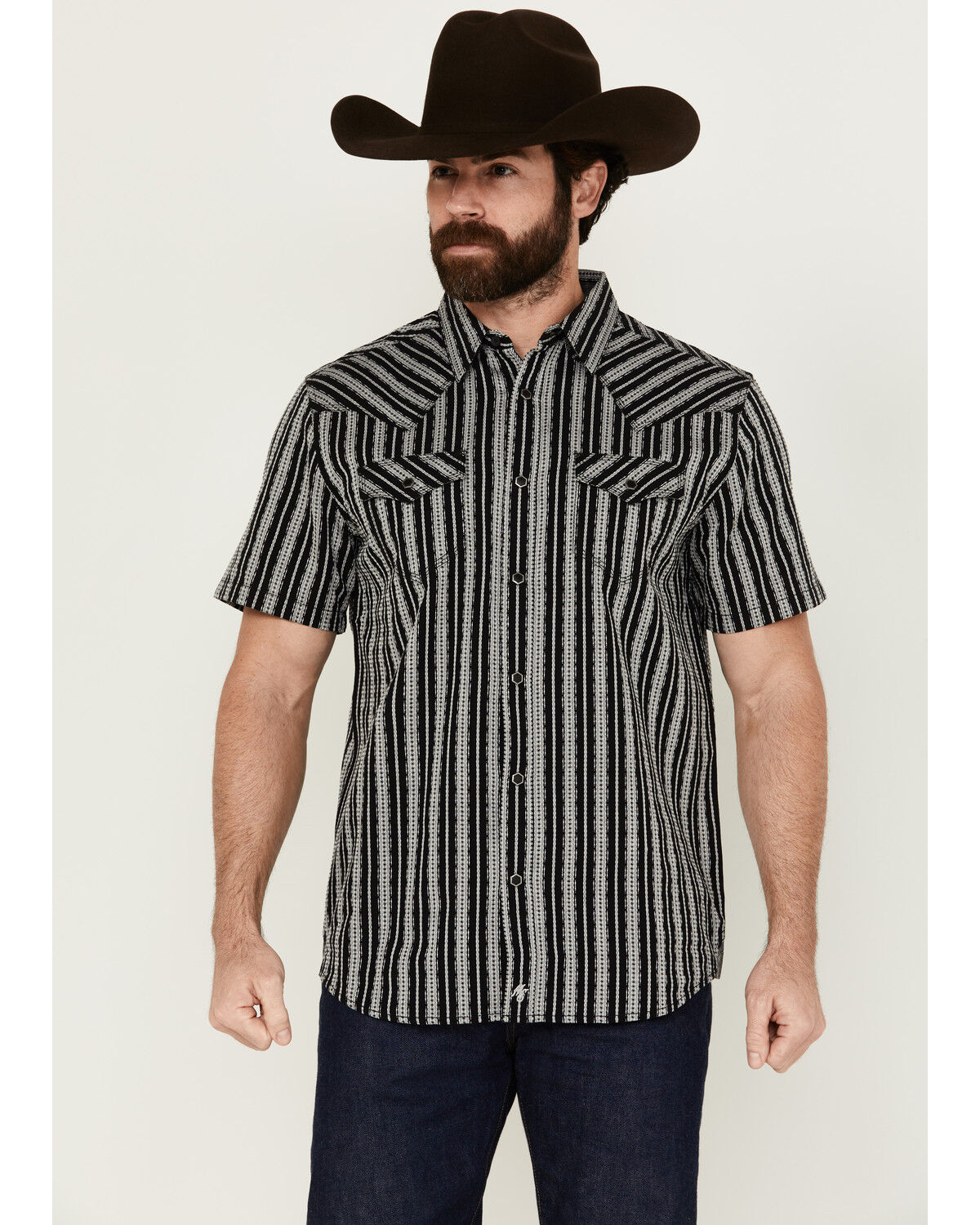Image #1 - Moonshine Spirit Men's Flock Striped Short Sleeve Snap Western Shirt, Black, hi-res