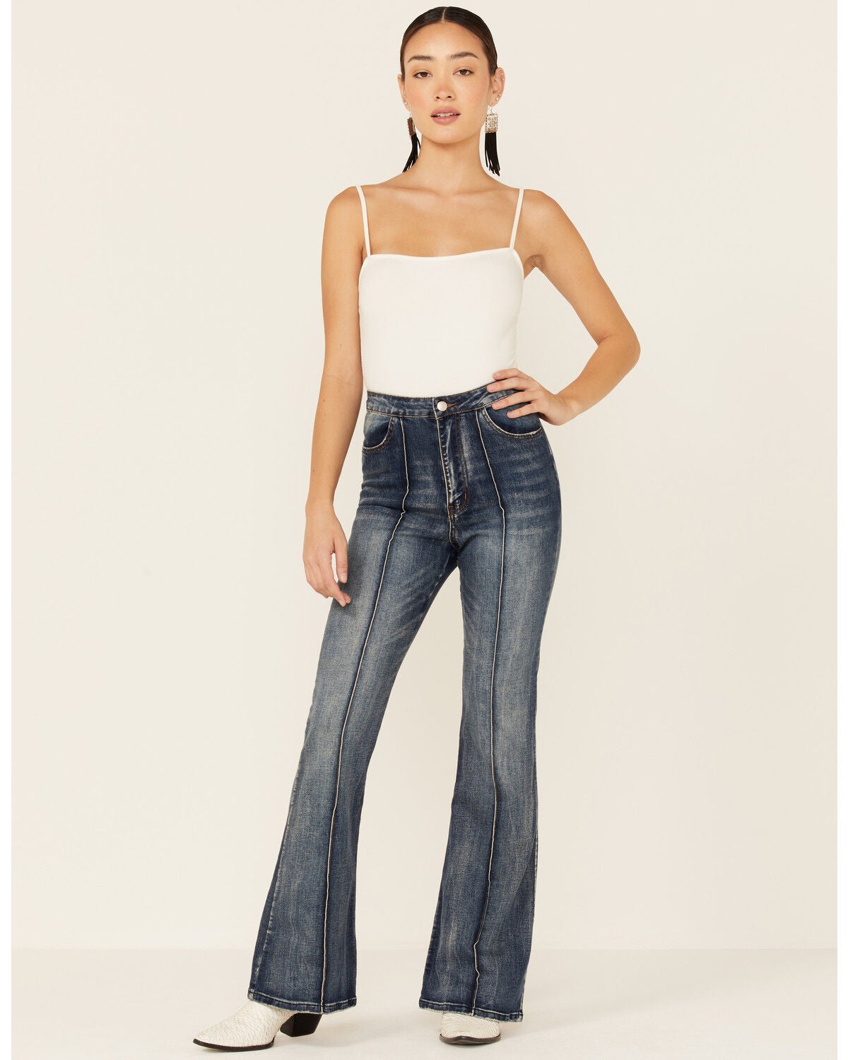 Flying Tomato Women's High Rise Dark Acid Wash Front Pintuck Flare Jeans, Indigo, hi-res