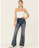 Image #1 - Flying Tomato Women's High Rise Dark Acid Wash Front Pintuck Flare Jeans, Indigo, hi-res