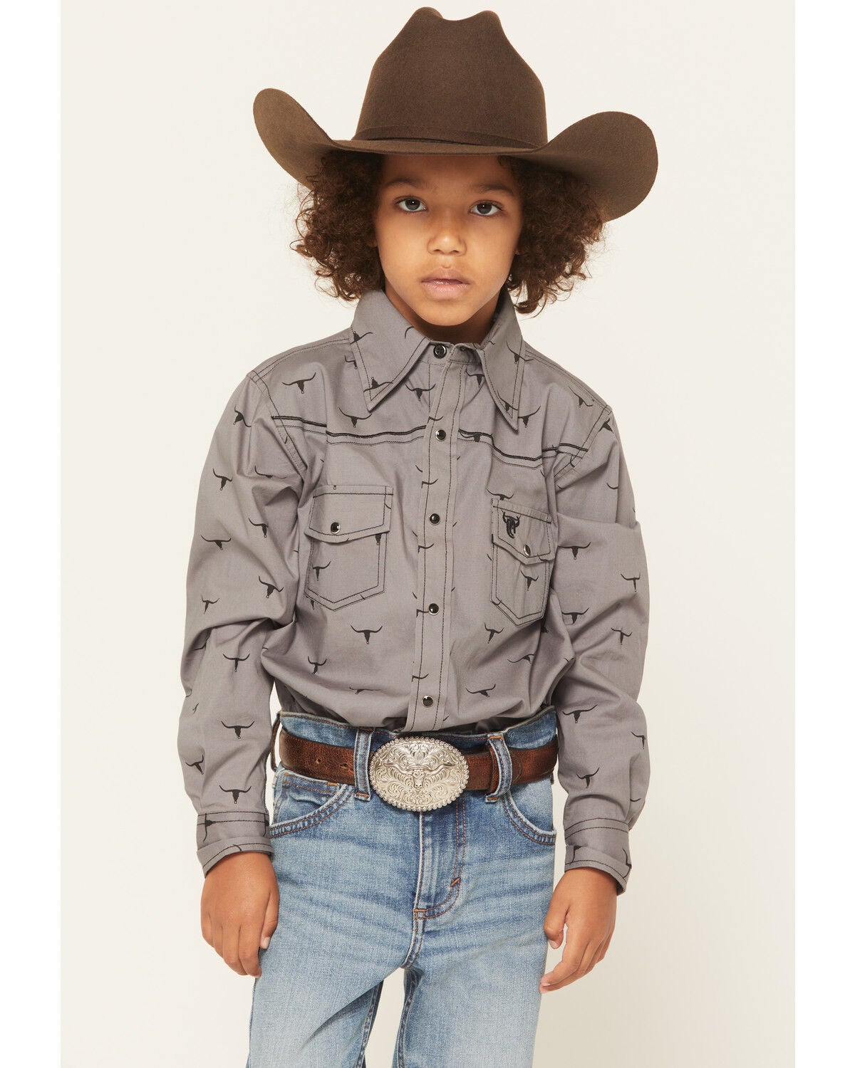 Cowboy Hardware Boys' Skull Scatter Long Sleeve Snap Stretch Western Shirt, Charcoal, hi-res