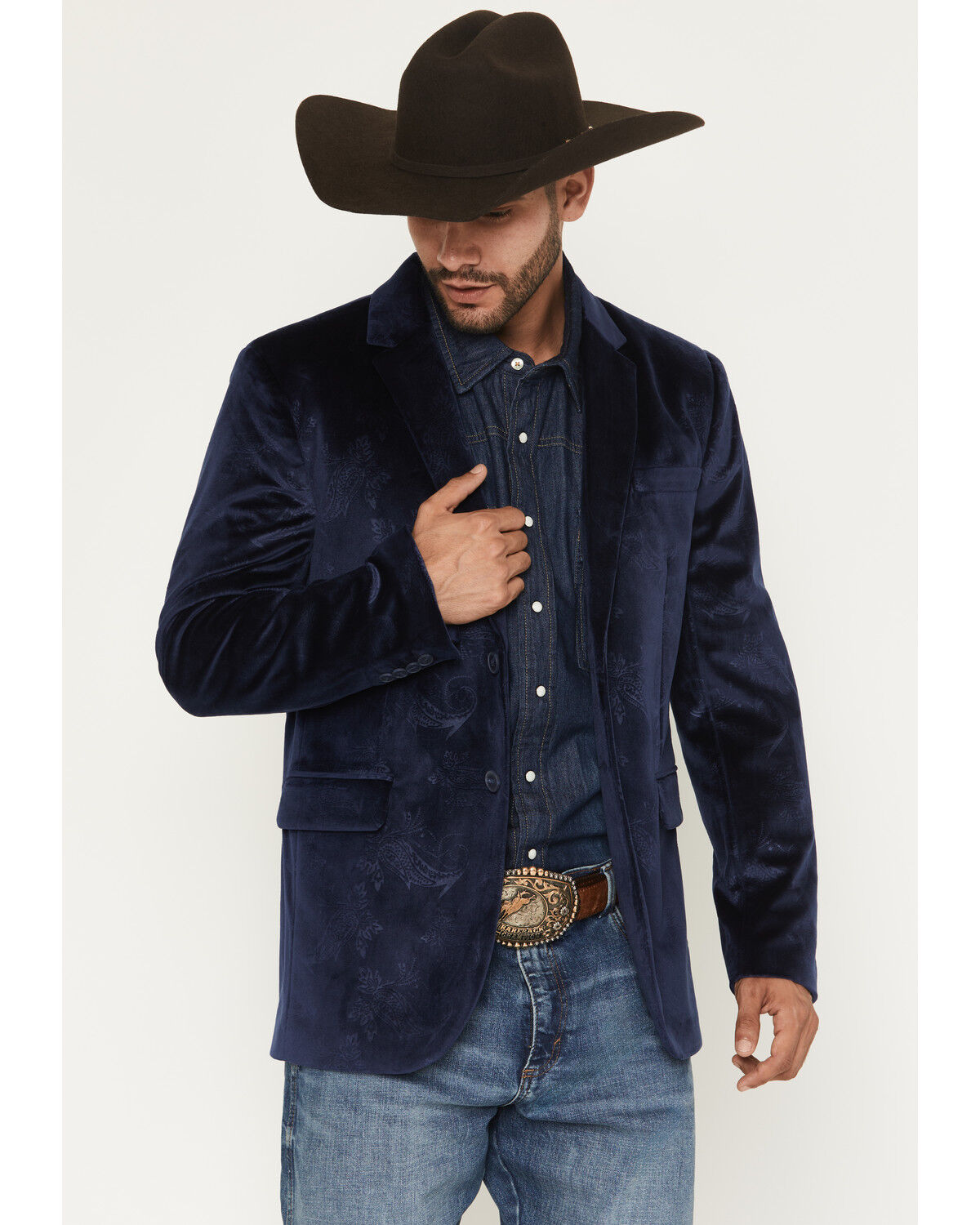 Image #1 - Rock & Roll Denim Men's Paisley Velvet Modern Fit Sportcoat, Navy, hi-res