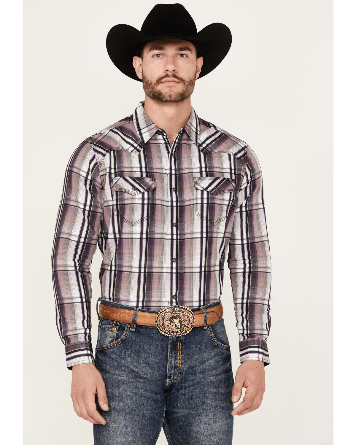 Image #1 - Moonshine Spirit Men's Back Stage Plaid Print Long Sleeve Snap Western Shirt, Purple, hi-res