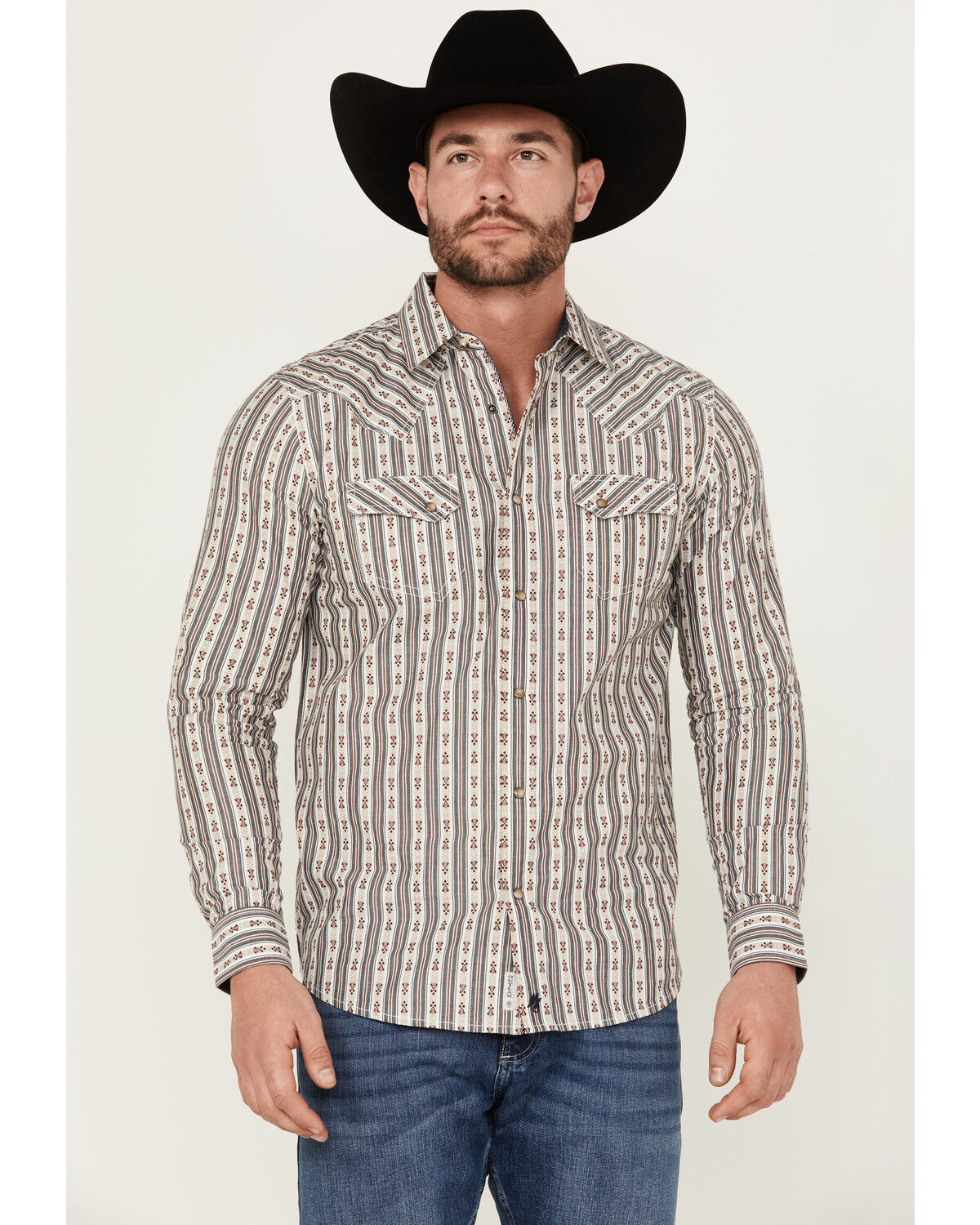 Image #1 - Moonshine Spirit Men's Southern Boy Striped Long Sleeve Pearl Snap Western Shirt, Cream, hi-res