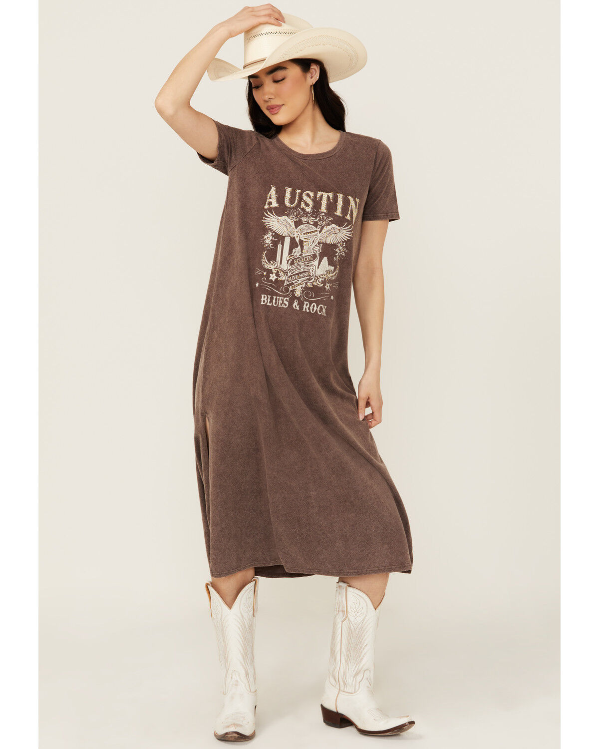 Image #1 - Blended Women's Austin Short Sleeve Graphic Midi T-Shirt Dress, Dark Brown, hi-res