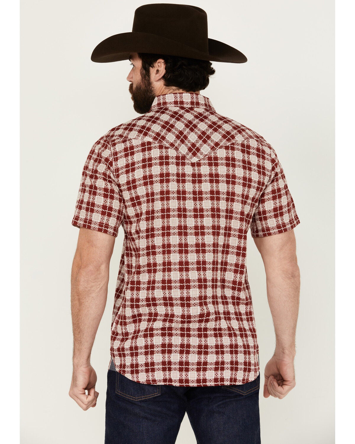 Image #4 - Moonshine Spirit&reg; Men's Legend Plaid Print Short Sleeve Snap Western Shirt, Burgundy, hi-res