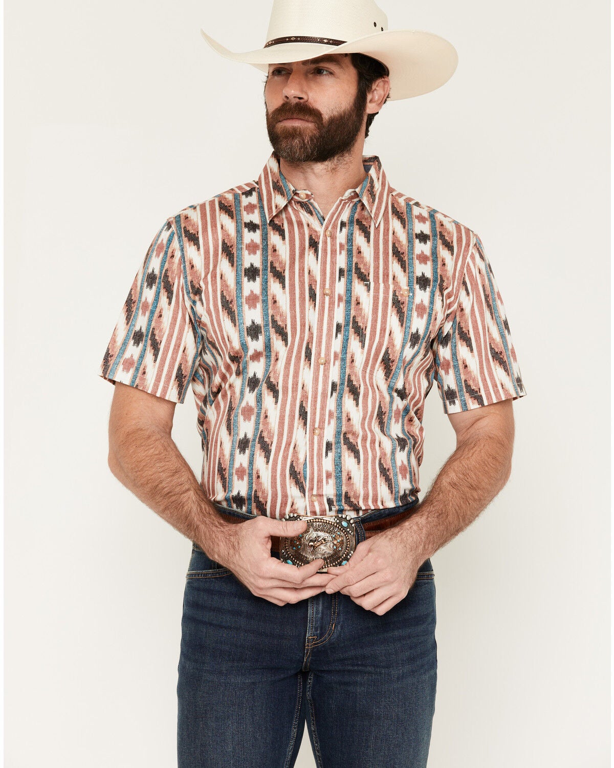 Image #1 - RANK 45&reg; Men's Carnival Southwestern Stripe Print Short Sleeve Button-Down Stretch Western Shirt, Cream, hi-res