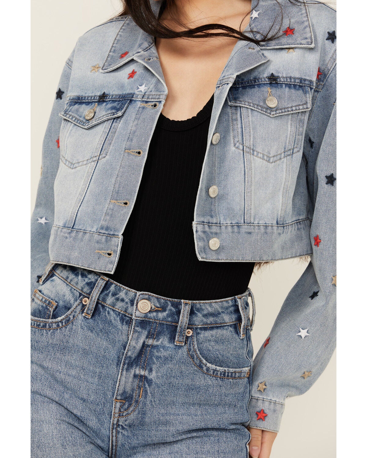 Stoosh Women's Medium Wash Star Embroidered Cropped Denim Jacket ...